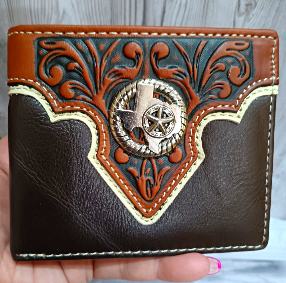 Texas Western Wallet Genuine Leather Tooled Design short bifold
